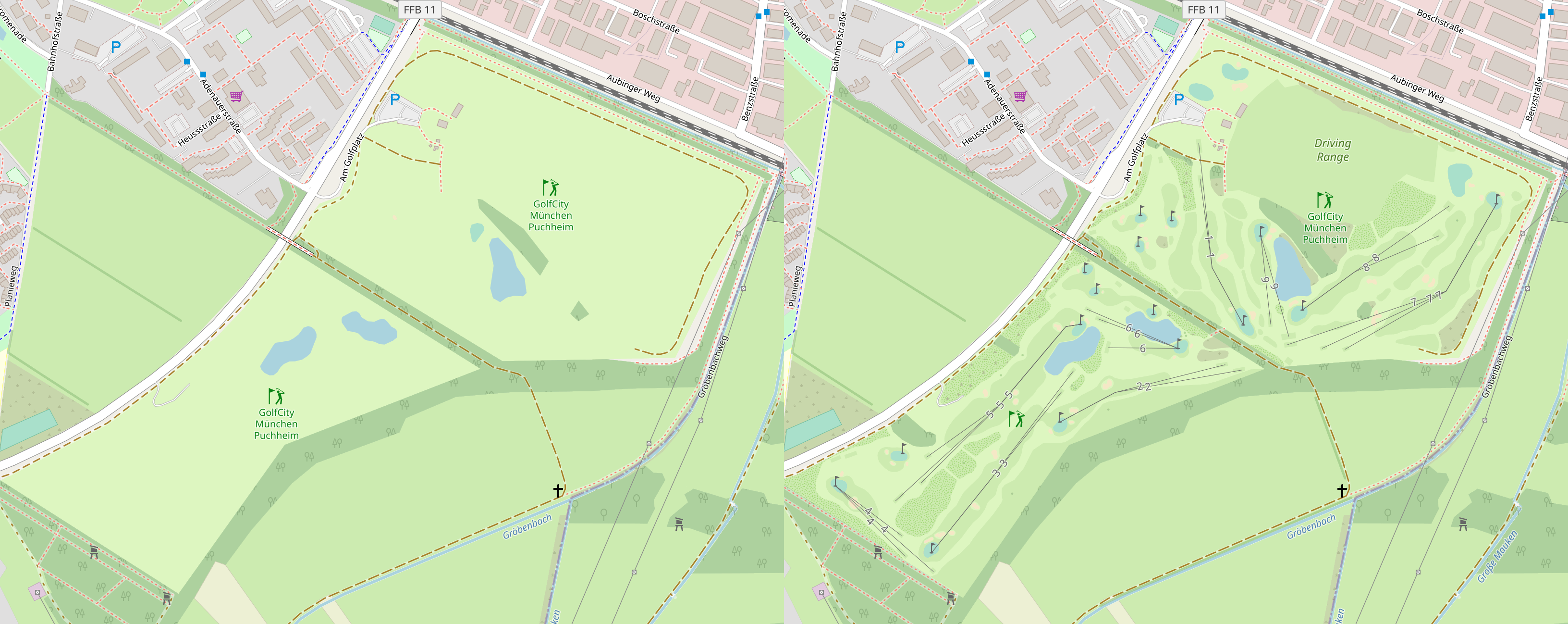 Golf City Puchheim at OpenStreetMap, before and after