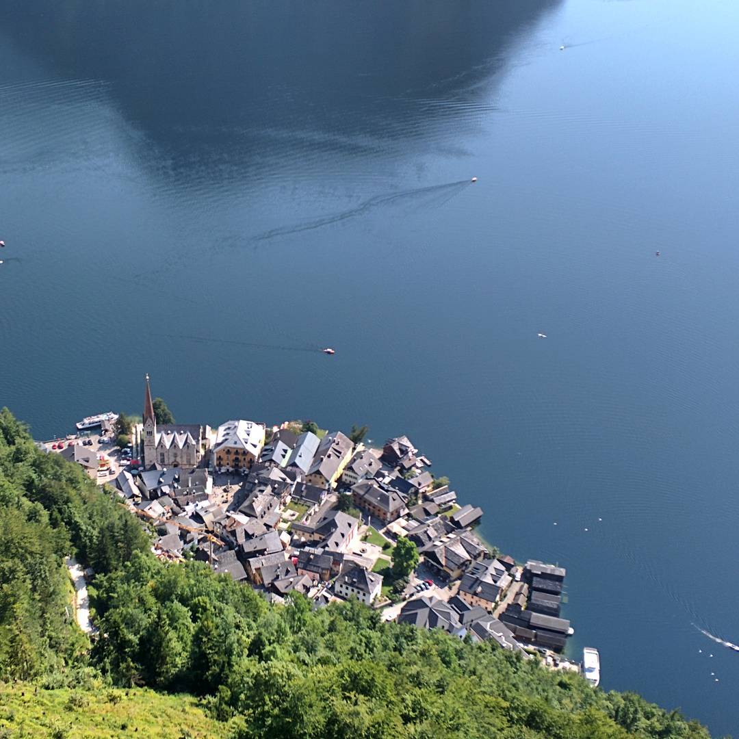 Nice view from the above of the small and beautiful historical city Hallstatt.