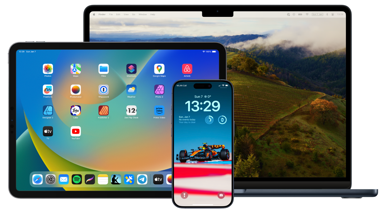 MacBook with default Sonoma Horizon wallpaper, iPad with default iOS 17 wallpaper, and iPhone with McLaren photo by Evgeniy Safronov